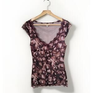 Y2K Silk Lace Trim Babydoll Sheer V-Neck Geometric Print Maroon Whimsy Top M
